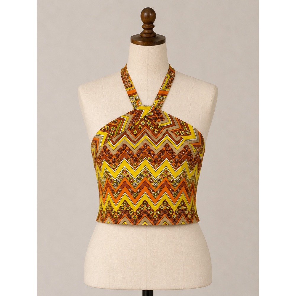 S/W/F Halter Crop Top XS Yellow Orange Chevron Floral Retro Smocked Cotton